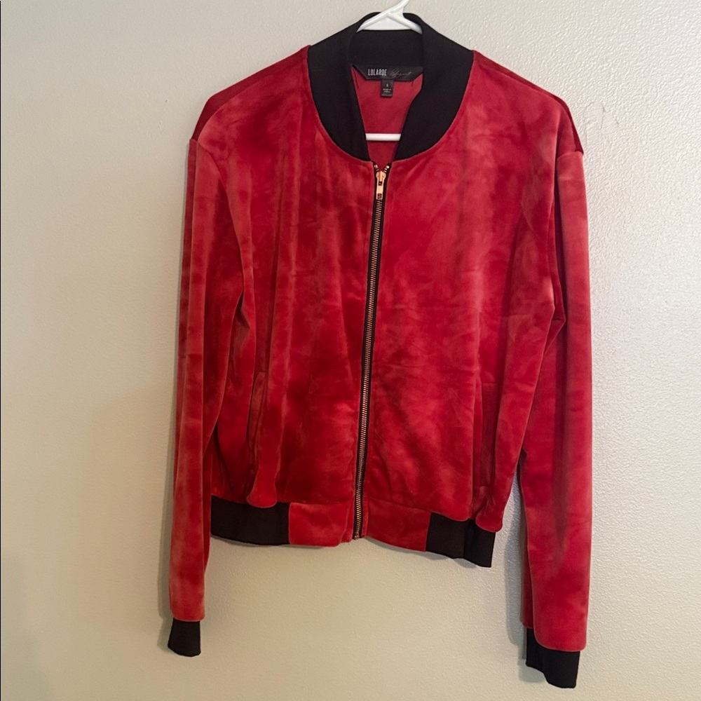 LuLaRoe Vibrant Red Bomber Jacket with Black Accents